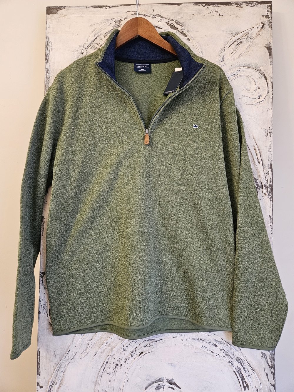 crown & ivy Men's Olive Green Half-Zip Sweater with Navy Trim